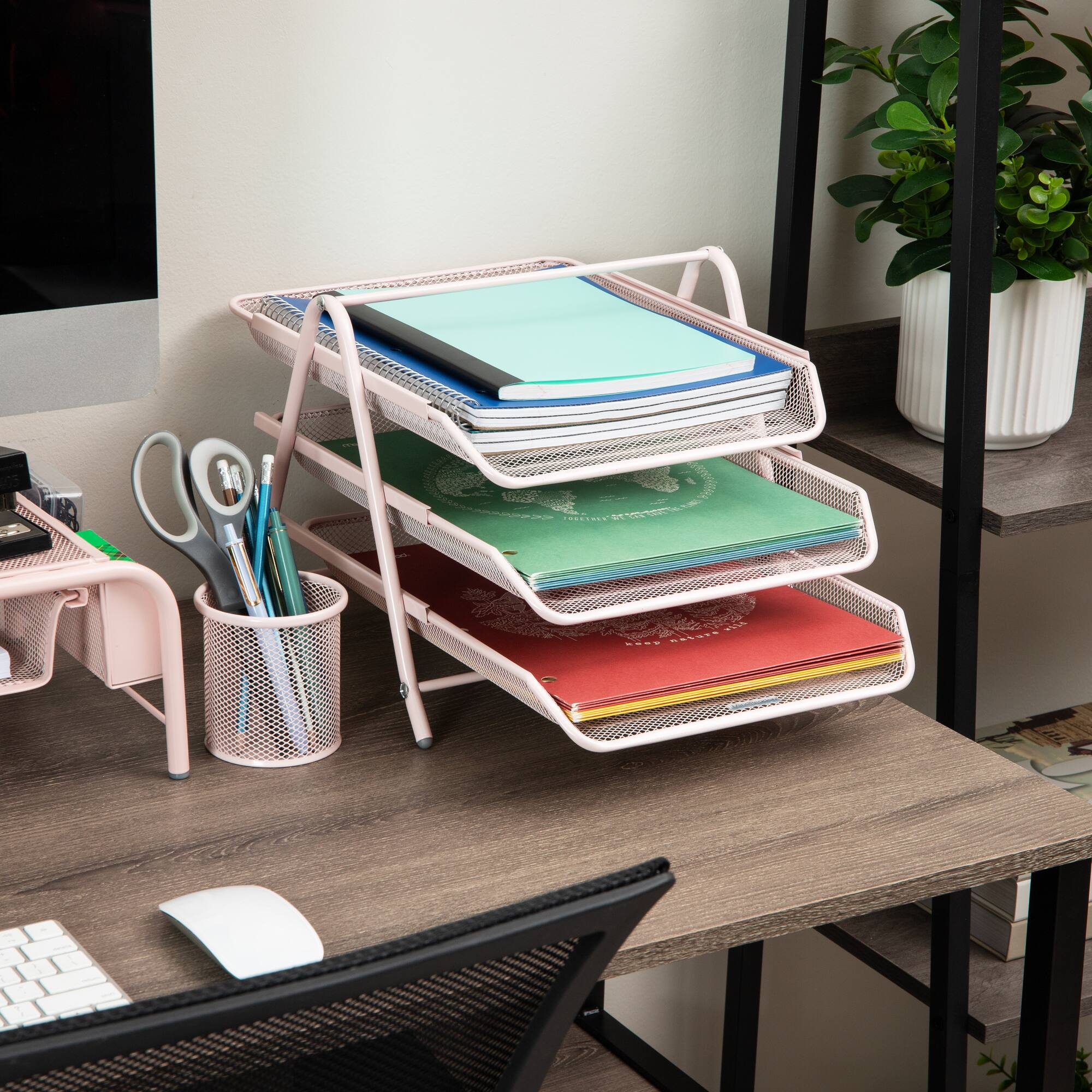 Mind Reader 3-Tier Paper Tray, Desktop Organizer, File Storage, Workspace, Office, Metal Mesh, 11.75"L x 13.75"W x 10"H, Pink